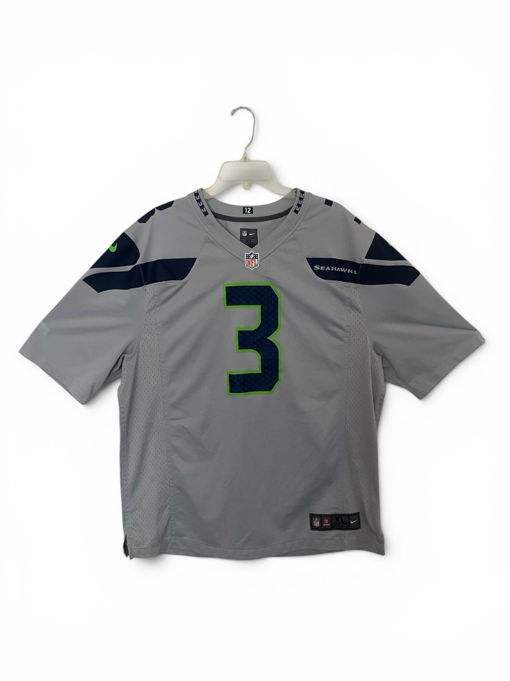 Nike Grey Seahawks #3 Football Jersey with Navy and Neon Green Accents
